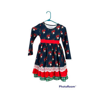 Only Little Once Girls Fit & Flare Dress Blue Red Floral Long Sleeve Belted 6